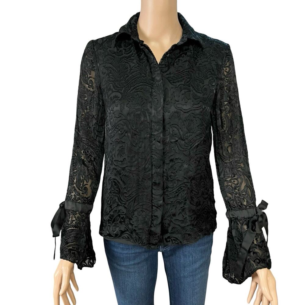 Alice And Olivia Willa Ruffle Cuff Blouse Small Button Bow Burnout Whimsigoth